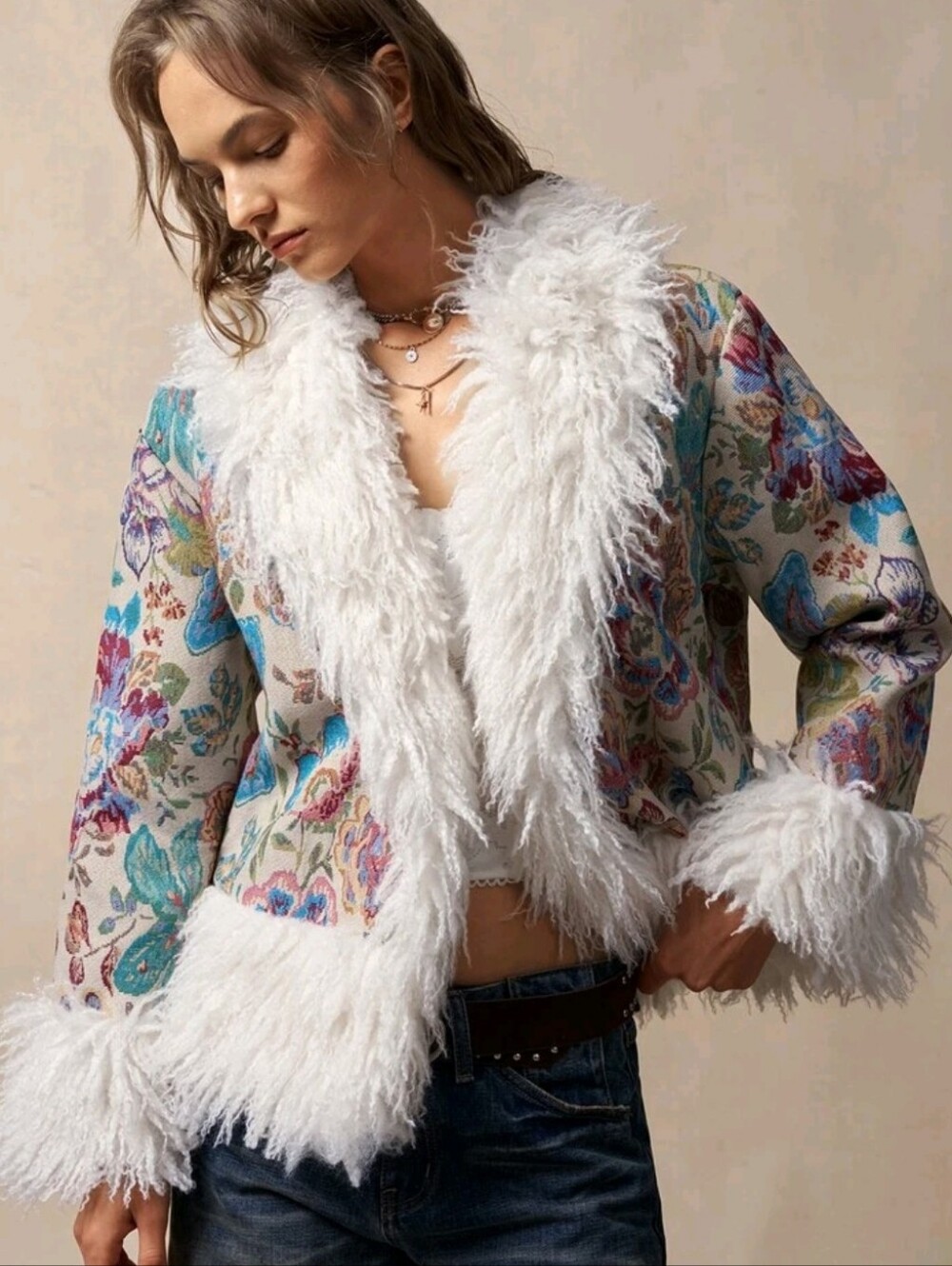 Women's Jacquard Patchwork Fuzzy Long Sleeve Loose Fashion Jacket - Picture 7 of 9